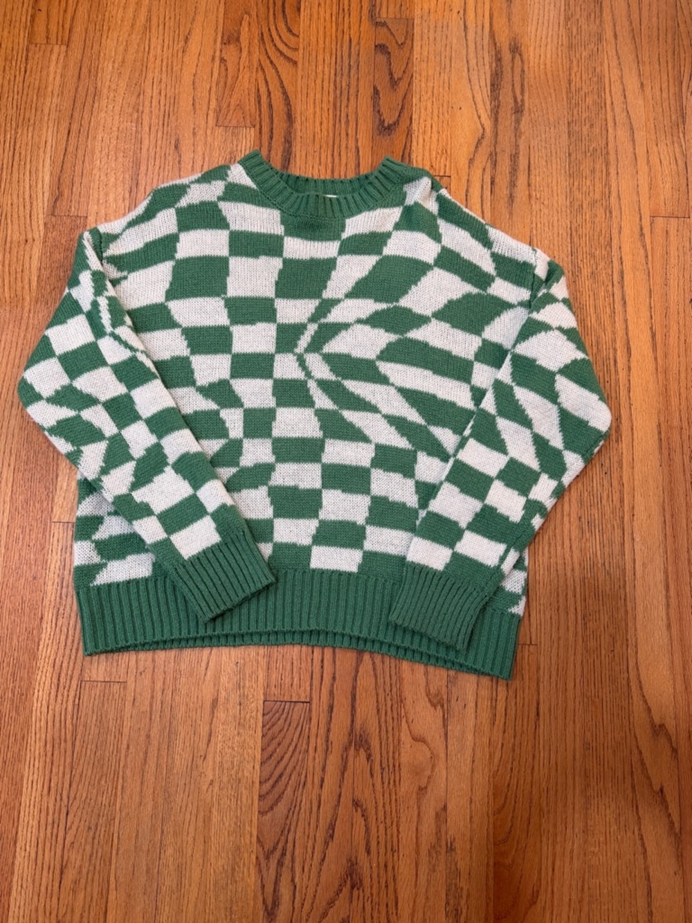 RSQ Green and Cream Checkerboard Crewneck Sweater